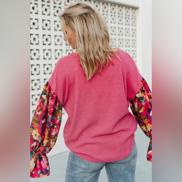 Sachet Pink Flower Patchwork Ruffled
Sleeve Ribbed Knit Drop Shoulder Top Boho - Picture 1 of 11